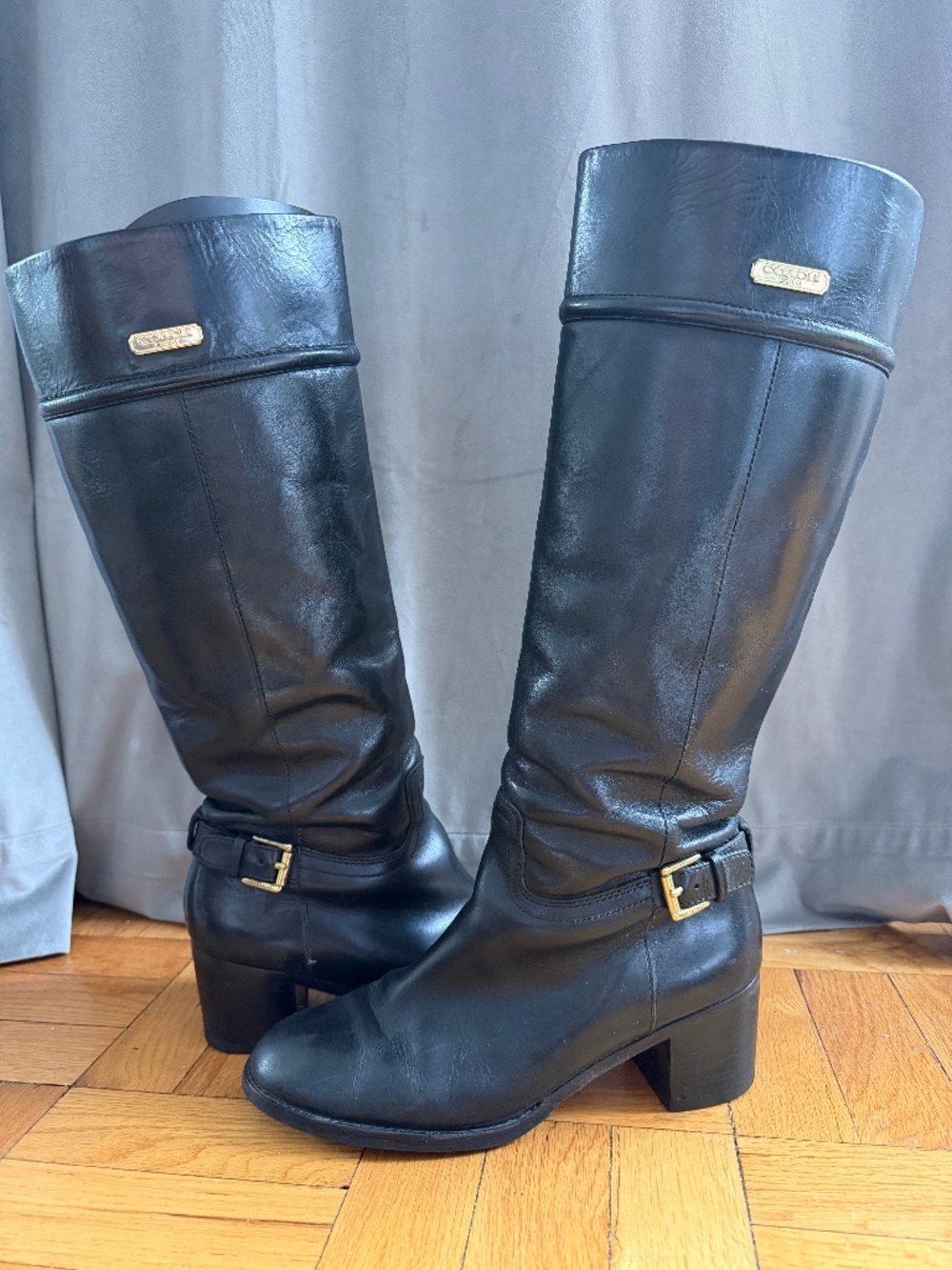 Coach Black Leather Knee-High Boots Buckle Gold Hardware Size 9B